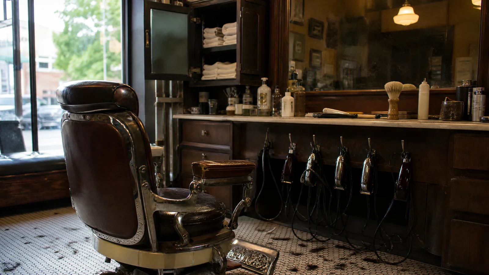 Barber chair beside a counter of clippers on hooks, a straight razor and a hot towel cabinet