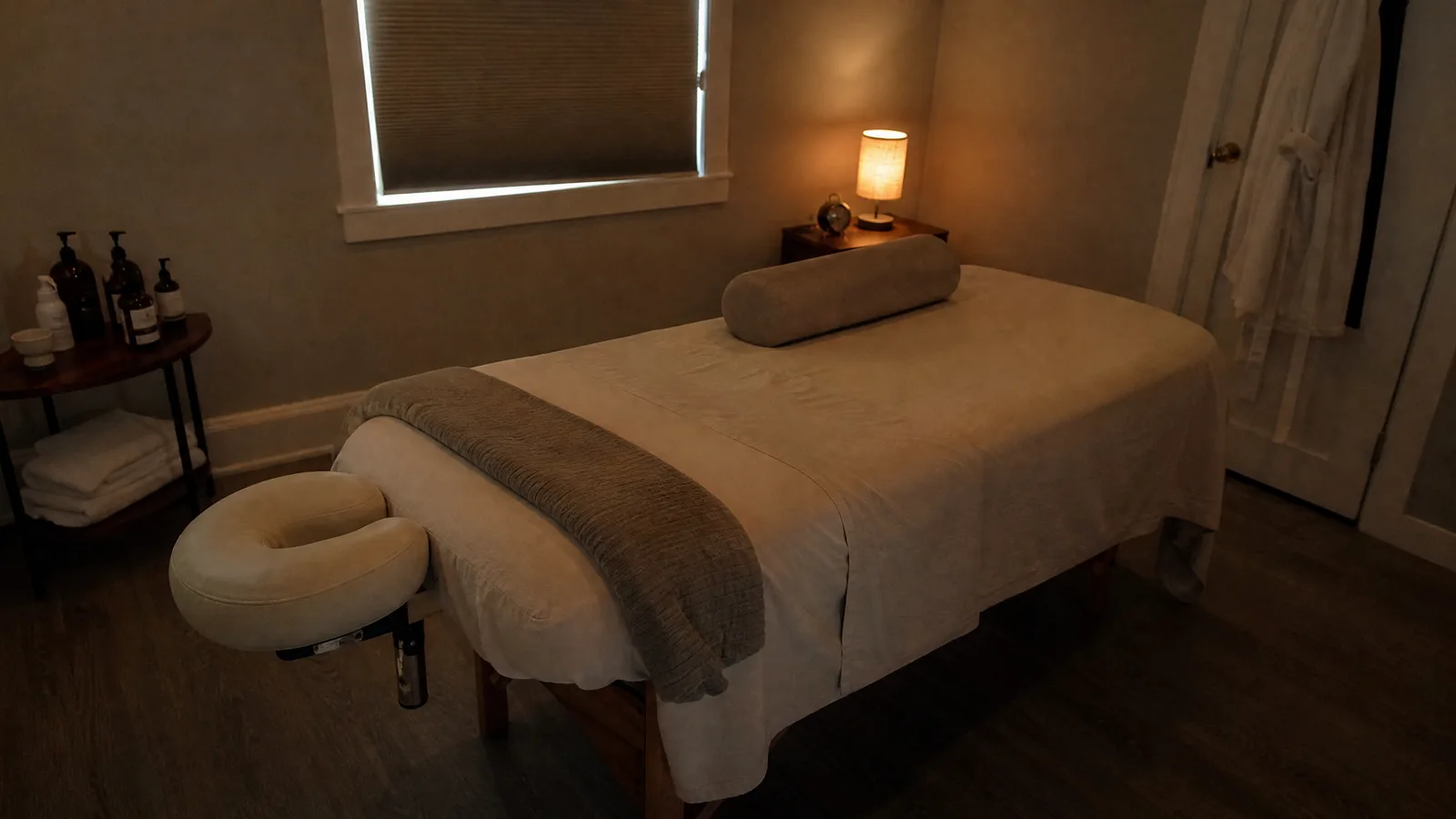 Massage table made up with linens and a face cradle in a dim treatment room with a bolster and oil bottles